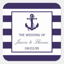 The Nautical Anchor Navy Stripe Wedding Collection Square Sticker