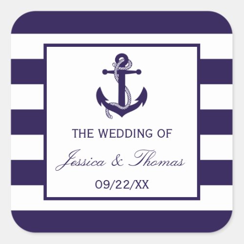 The Nautical Anchor Navy Stripe Wedding Collection Square Sticker