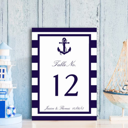 The Nautical Anchor Navy Stripe Wedding Collection Table Number