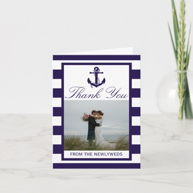 The Nautical Anchor Navy Stripe Wedding Collection Thank You Card (Front)