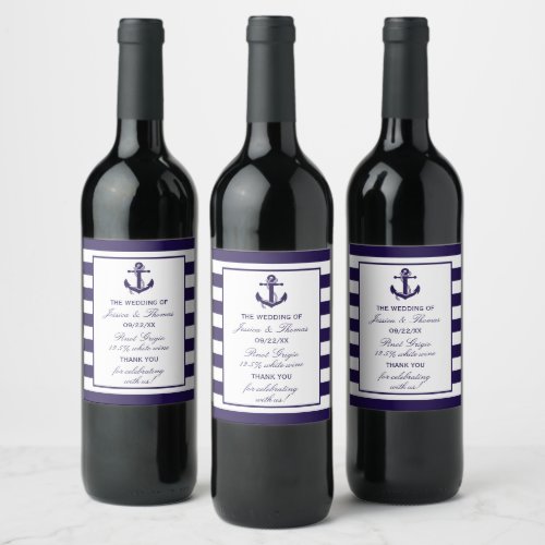 The Nautical Anchor Navy Stripe Wedding Collection Wine Label