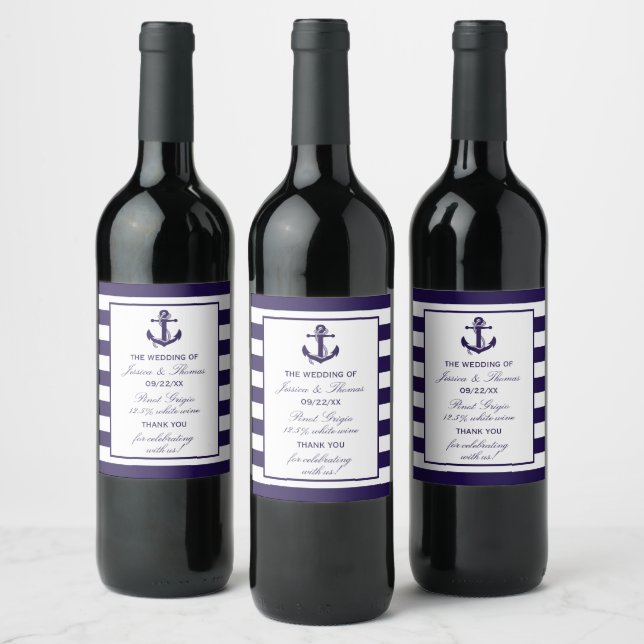 The Nautical Anchor Navy Stripe Wedding Collection Wine Label (Bottles)