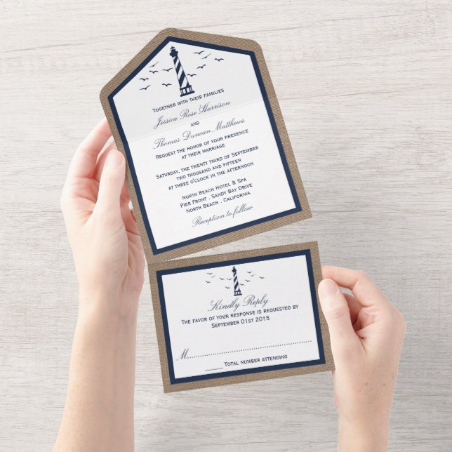 The Nautical Lighthouse Burlap Wedding Collection All In One Invitation (Tearaway)