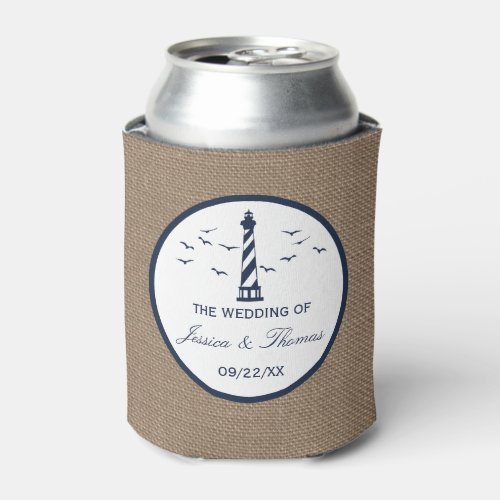 The Nautical Lighthouse Burlap Wedding Collection Can Cooler