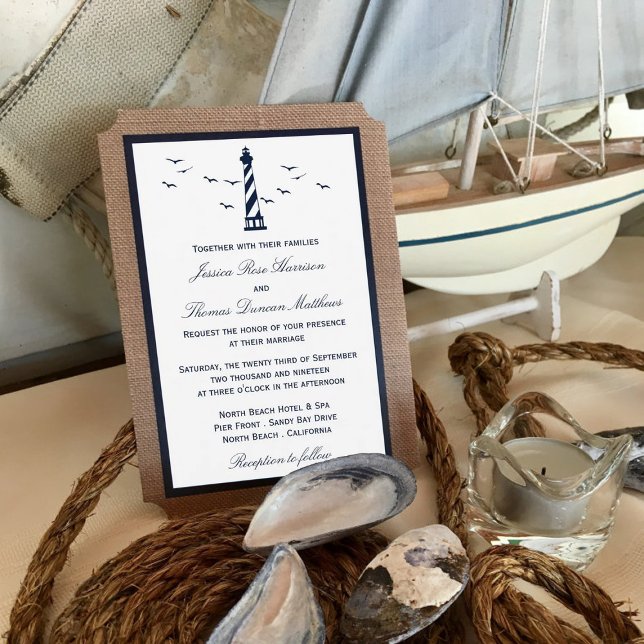 The Nautical Lighthouse Burlap Wedding Collection Invitation (Creator Uploaded)