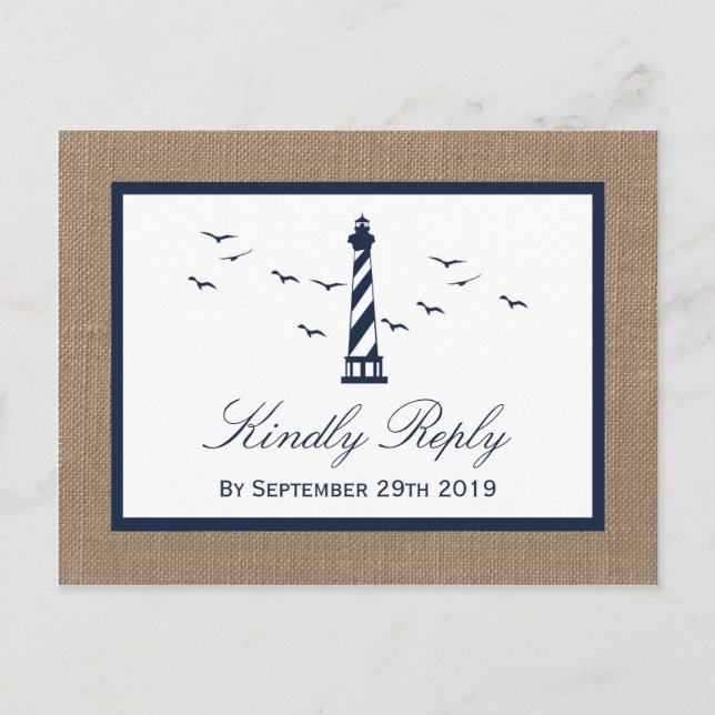 The Nautical Lighthouse Burlap Wedding Collection Invitation Postcard (Front)