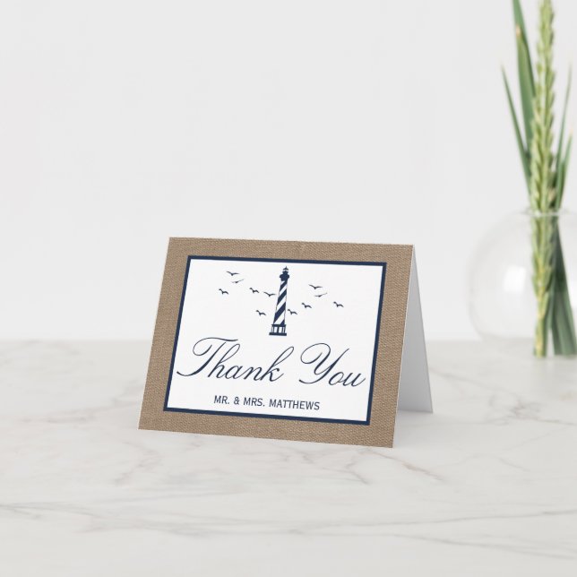 The Nautical Lighthouse Burlap Wedding Collection Letterpress Thank You Card (Front)