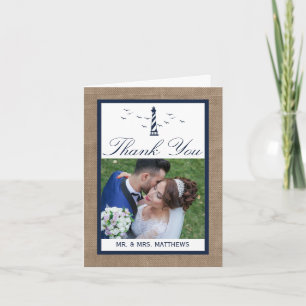 The Nautical Lighthouse Burlap Wedding Collection Letterpress Thank You Card