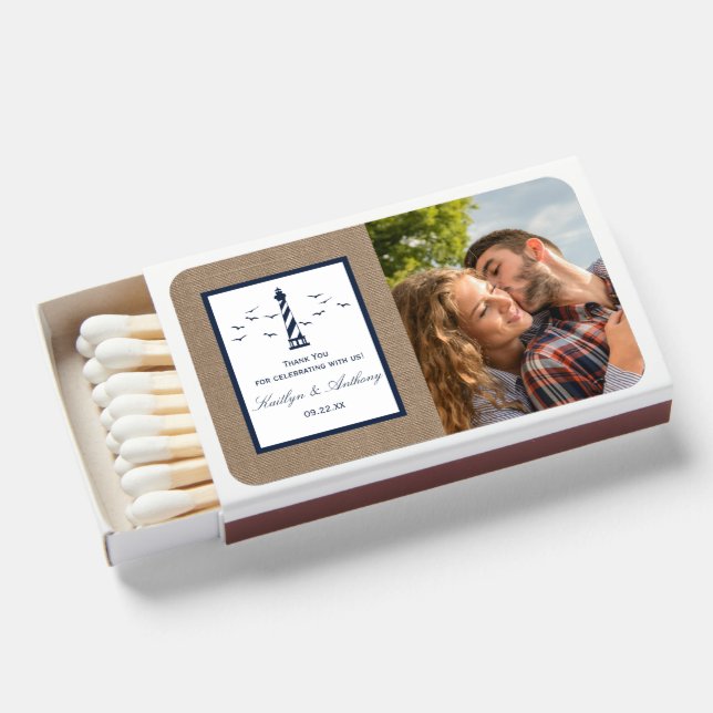 The Nautical Lighthouse Burlap Wedding Collection Matchboxes (Front Open)