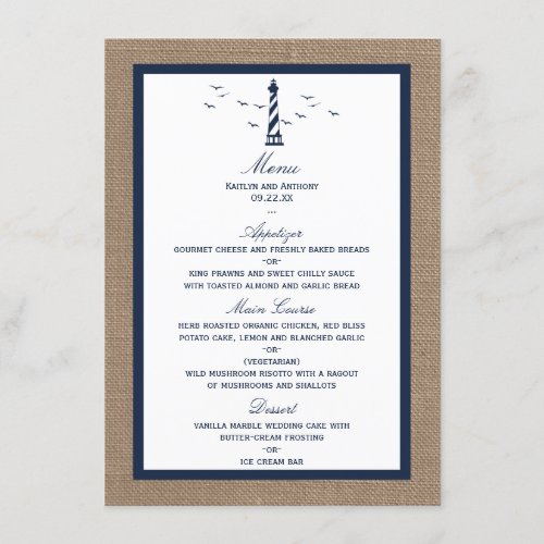 The Nautical Lighthouse Burlap Wedding Collection Menu