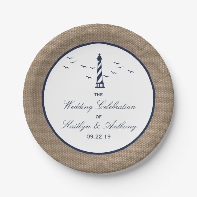 The Nautical Lighthouse Burlap Wedding Collection Paper Plates (Front)
