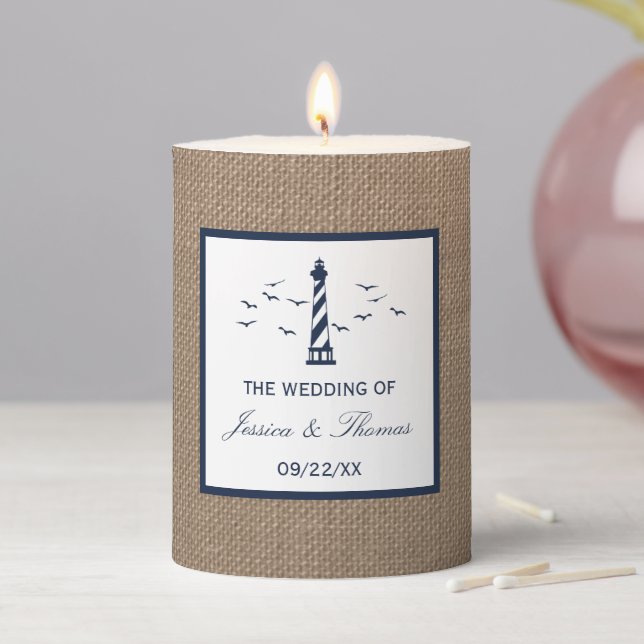 The Nautical Lighthouse Burlap Wedding Collection Pillar Candle (In Situ)