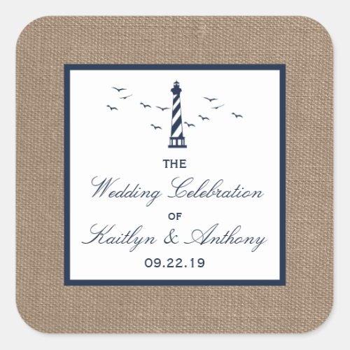 The Nautical Lighthouse Burlap Wedding Collection Square Sticker