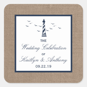 The Nautical Lighthouse Burlap Wedding Collection Square Sticker