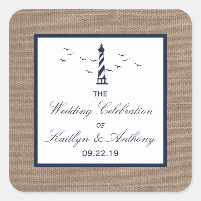 The Nautical Lighthouse Burlap Wedding Collection Square Sticker (Front)