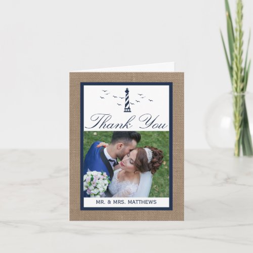 The Nautical Lighthouse Burlap Wedding Collection Thank You Card