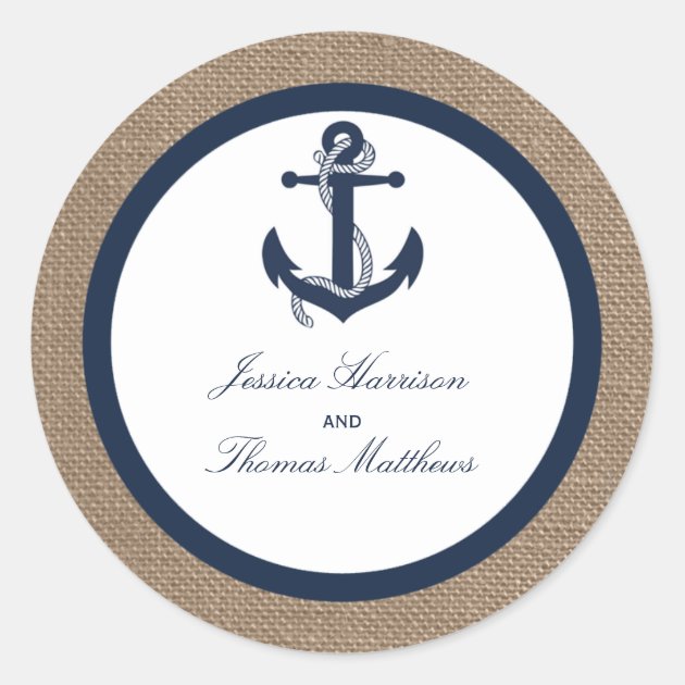 The Navy Anchor On Burlap Beach Wedding Collection Classic Round Sticker