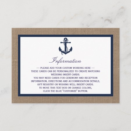 The Navy Anchor On Burlap Beach Wedding Collection Enclosure Card