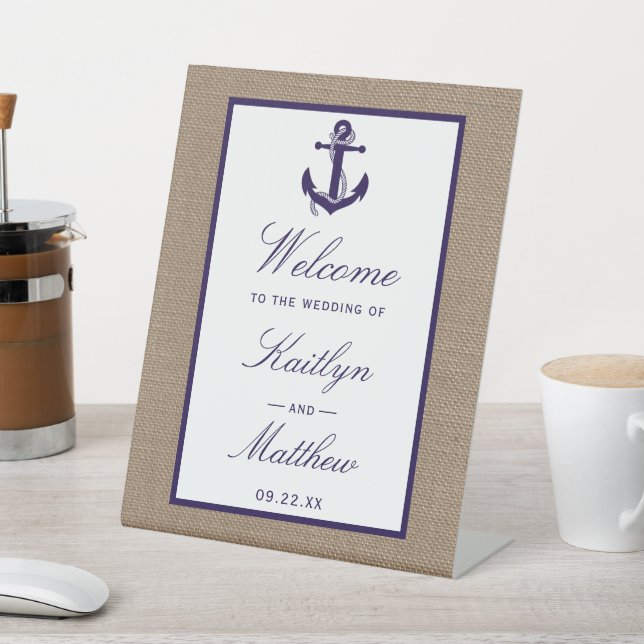 The Navy Anchor On Burlap Beach Wedding Collection Pedestal Sign (In SItu)