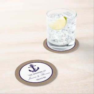The Navy Anchor On Burlap Beach Wedding Collection Round Paper Coaster