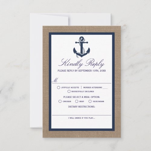 The Navy Anchor On Burlap Beach Wedding Collection RSVP Card