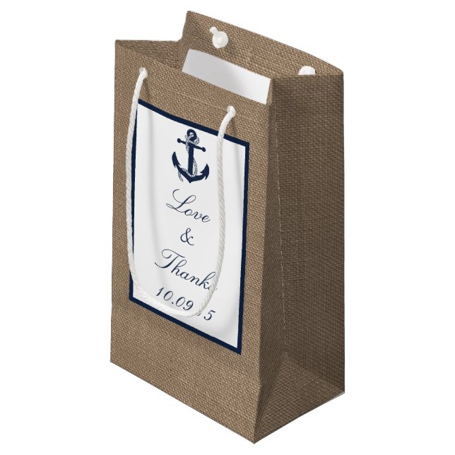 The Navy Anchor On Burlap Beach Wedding Collection Small Gift Bag (Front Angled)