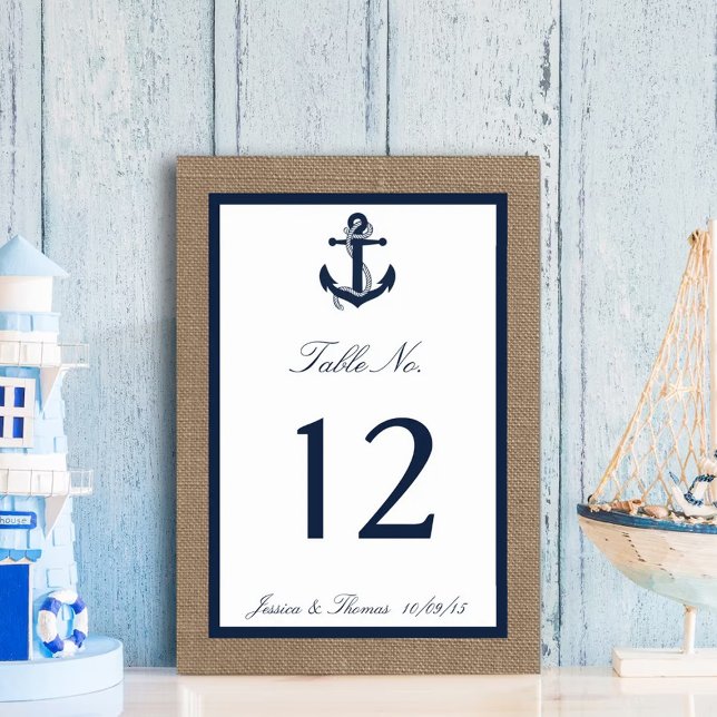 The Navy Anchor On Burlap Beach Wedding Collection Table Number (Creator Uploaded)