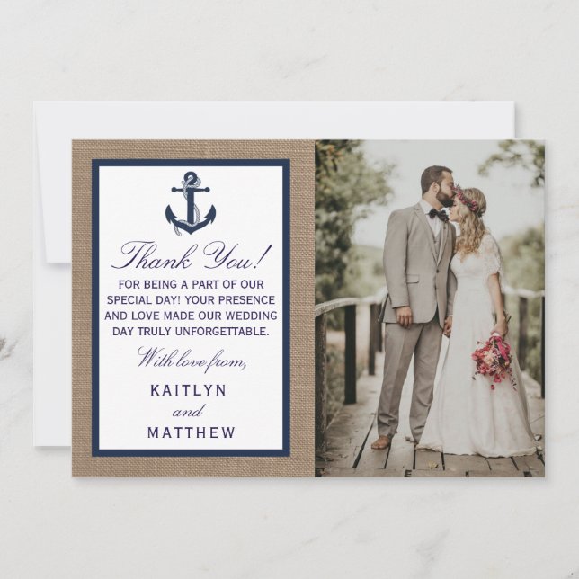 The Navy Anchor On Burlap Beach Wedding Collection Thank You Card (Front)