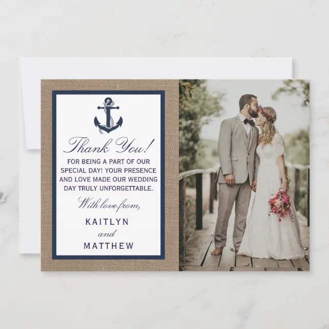 The Navy Anchor On Burlap Beach Wedding Collection Thank You Card | Zazzle