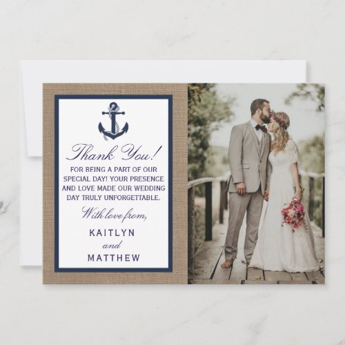 The Navy Anchor On Burlap Beach Wedding Collection Thank You Card