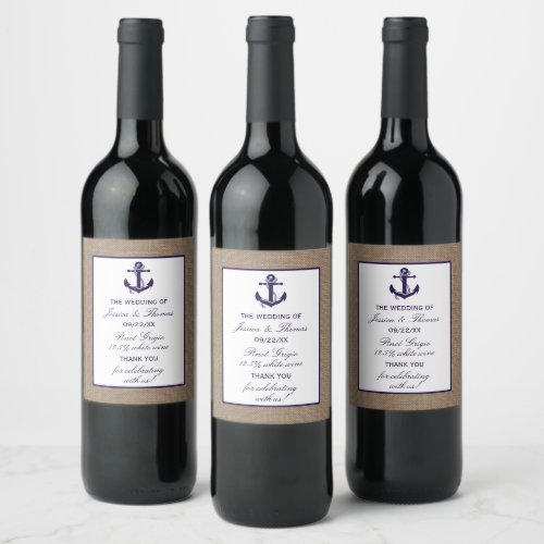 The Navy Anchor On Burlap Beach Wedding Collection Wine Label