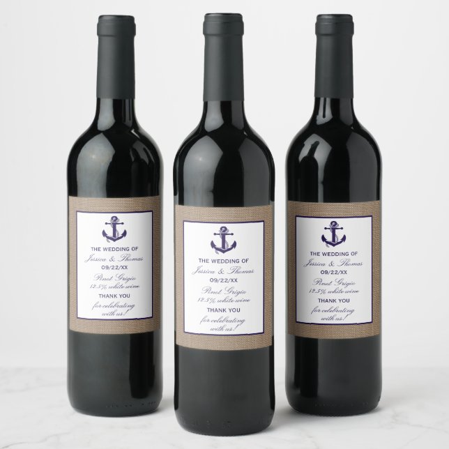 The Navy Anchor On Burlap Beach Wedding Collection Wine Label (Bottles)