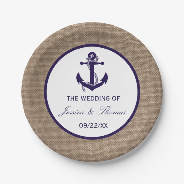 The Navy Anchor On Burlap Collection Paper Plates (Front)