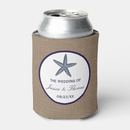 The Navy Starfish Burlap Beach Wedding Collection Can Cooler