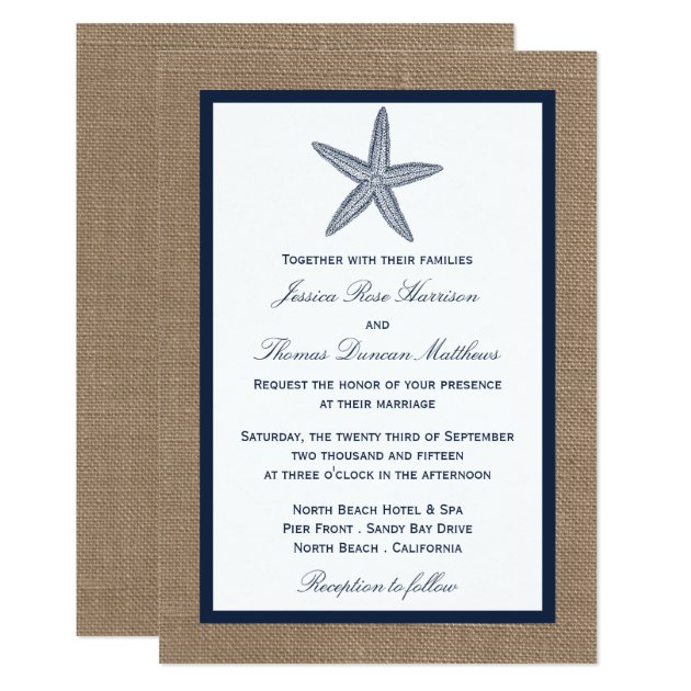 The Navy Starfish Burlap Beach Wedding Collection Invitation