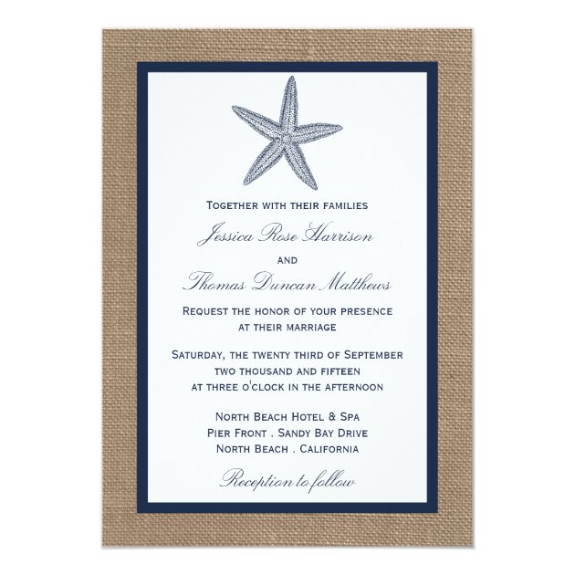 The Navy Starfish Burlap Beach Wedding Collection Invitation