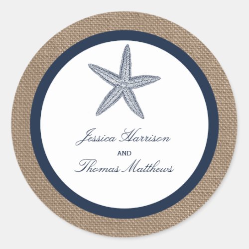 The Navy Starfish Burlap Beach Wedding Collection Classic Round Sticker
