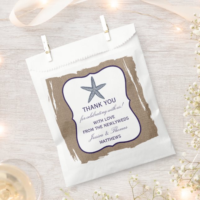 The Navy Starfish Burlap Beach Wedding Collection Favor Bag (Clipped)