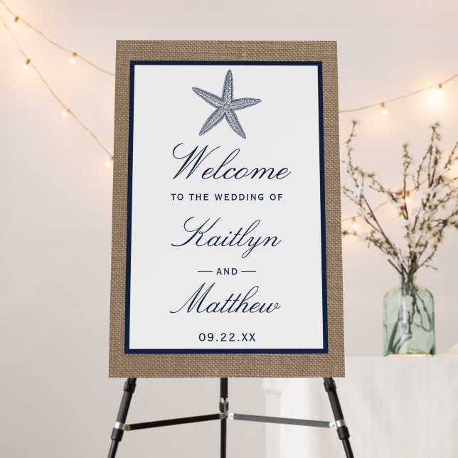 The Navy Starfish Burlap Beach Wedding Collection Foam Board (In Situ (Stand))