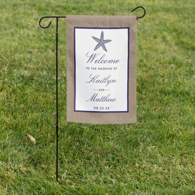 The Navy Starfish Burlap Beach Wedding Collection Garden Flag (In SItu)