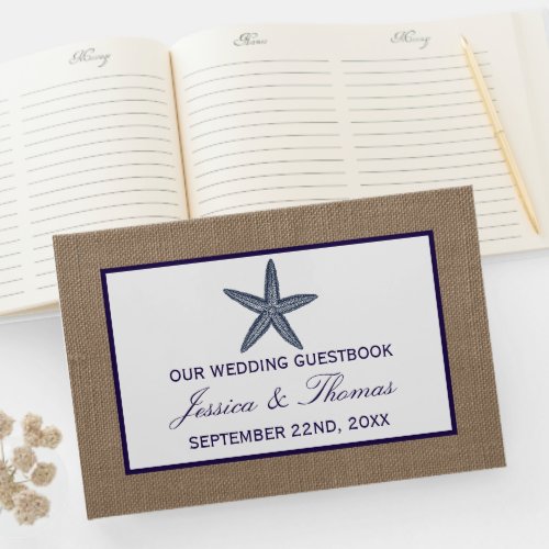 The Navy Starfish Burlap Beach Wedding Collection Guest Book