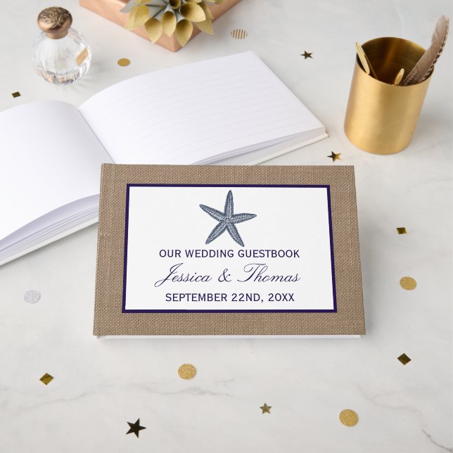 The Navy Starfish Burlap Beach Wedding Collection Guest Book (Front Open)
