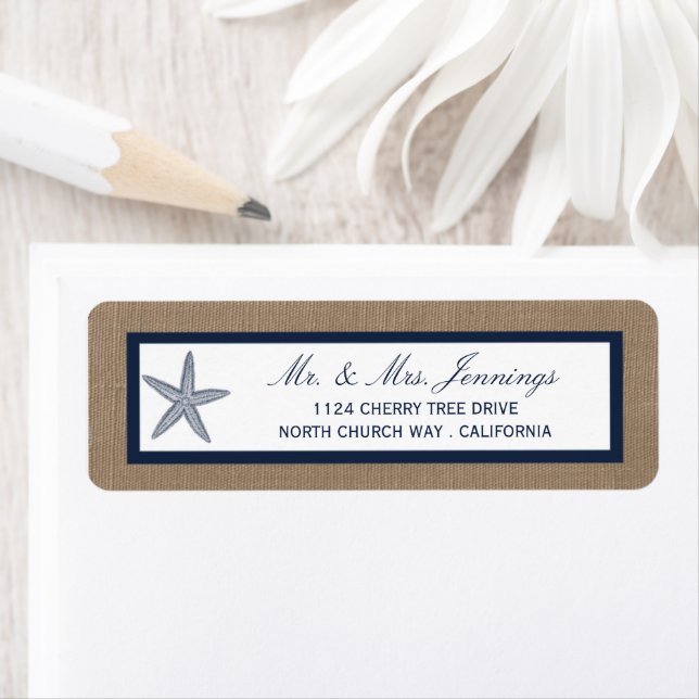 The Navy Starfish Burlap Beach Wedding Collection Label (Insitu)