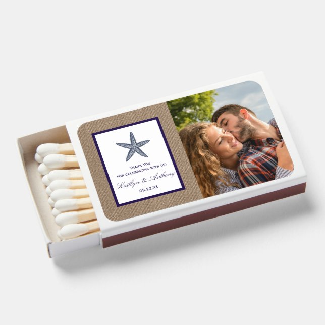 The Navy Starfish Burlap Beach Wedding Collection Matchboxes (Front Open)
