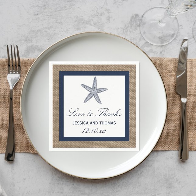 The Navy Starfish Burlap Beach Wedding Collection Paper Napkins (Creator Uploaded)