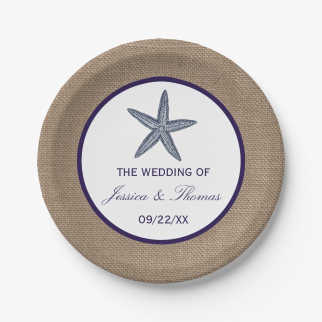 The Navy Starfish Burlap Beach Wedding Collection Paper Plates (Front)