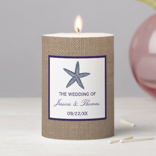 The Navy Starfish Burlap Beach Wedding Collection Pillar Candle