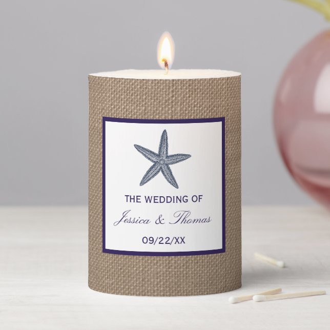 The Navy Starfish Burlap Beach Wedding Collection Pillar Candle (In Situ)
