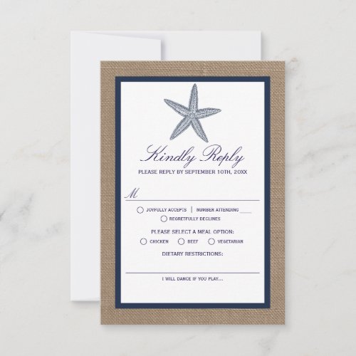 The Navy Starfish Burlap Beach Wedding Collection RSVP Card