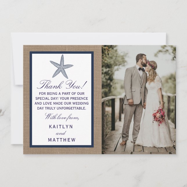 The Navy Starfish Burlap Beach Wedding Collection Thank You Card (Front)